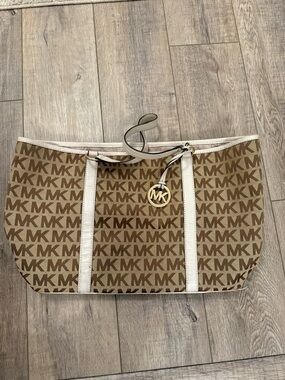 Michael Kors Brown Logo Tote with Cream Trim and Gold Charm